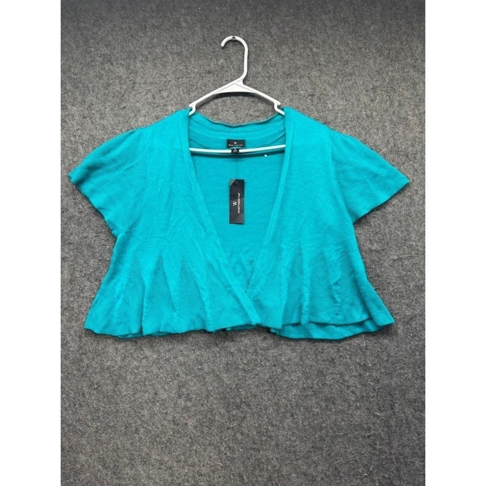 Worthington Womens Teal Blue Knit Shrug Cardigan Short Sleeve Ruffle Hem Size M
